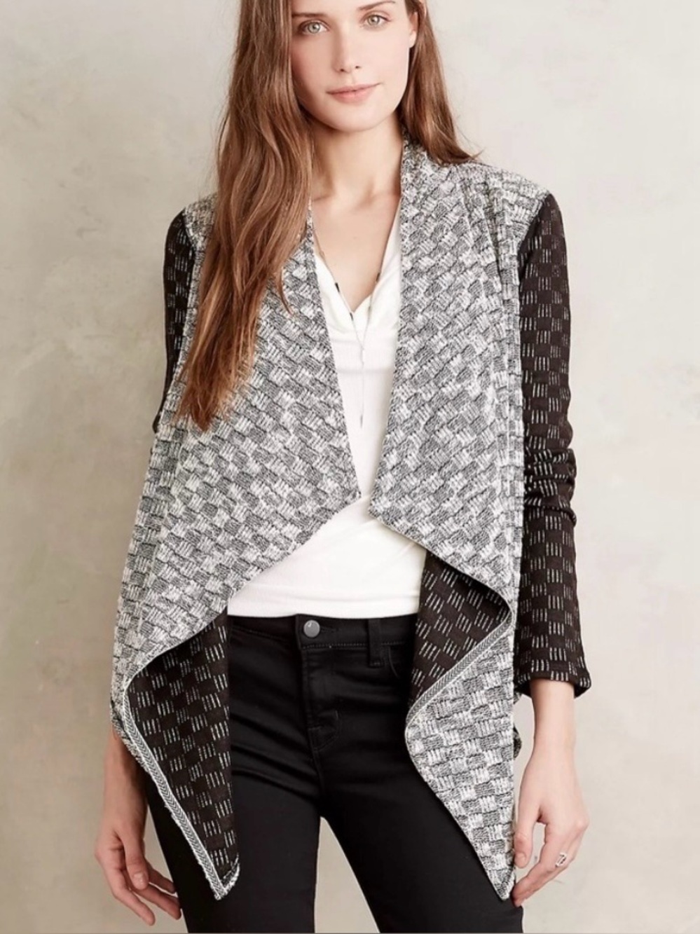 Saturday Sunday Anthropologie Black & Gray Open Draped Textured Luci Cardigan